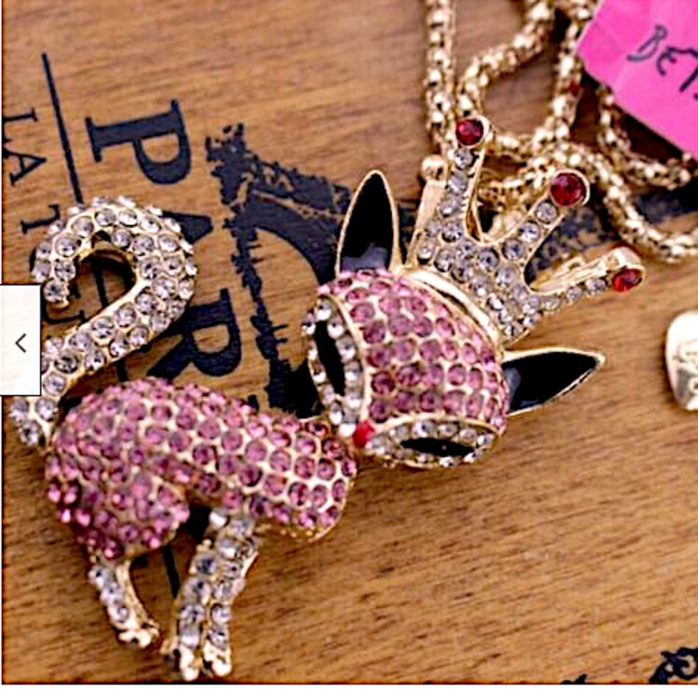 FOXY Princess Pink White Rhinestone Enamel Pendant Necklace by BETSEY JOHNSON - Picture 2 of 5